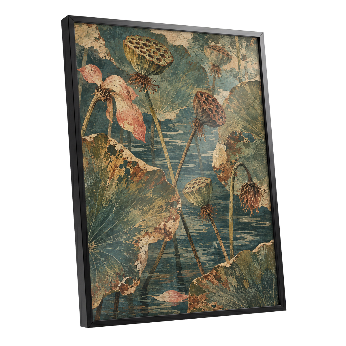 Lotus Pond Patina, green, blue, beige nature wall art shown as a black framed poster wall art print