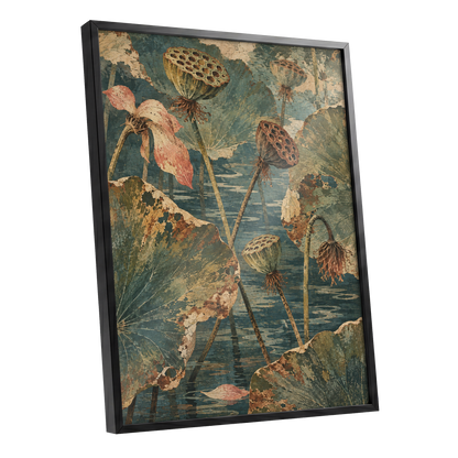 Lotus Pond Patina, green, blue, beige nature wall art shown as a black framed poster wall art print