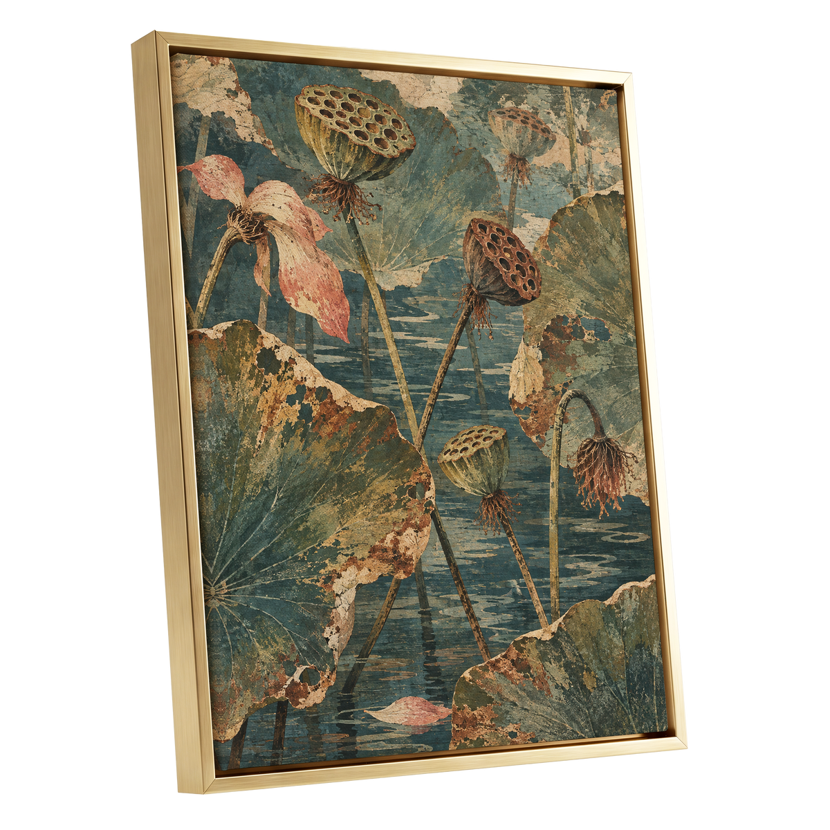 Lotus Pond Patina, green, blue, beige nature wall art shown as a gold framed canvas wall art