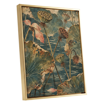 Lotus Pond Patina, green, blue, beige nature wall art shown as a gold framed canvas wall art