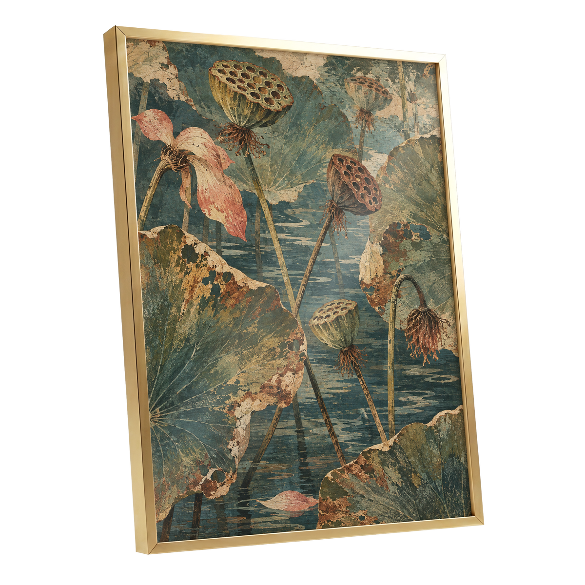 Lotus Pond Patina, green, blue, beige nature wall art shown as a gold framed poster wall art print