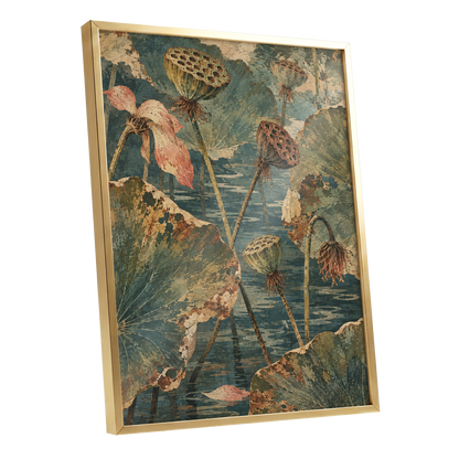 Lotus Pond Patina, green, blue, beige nature wall art shown as a gold framed poster wall art print