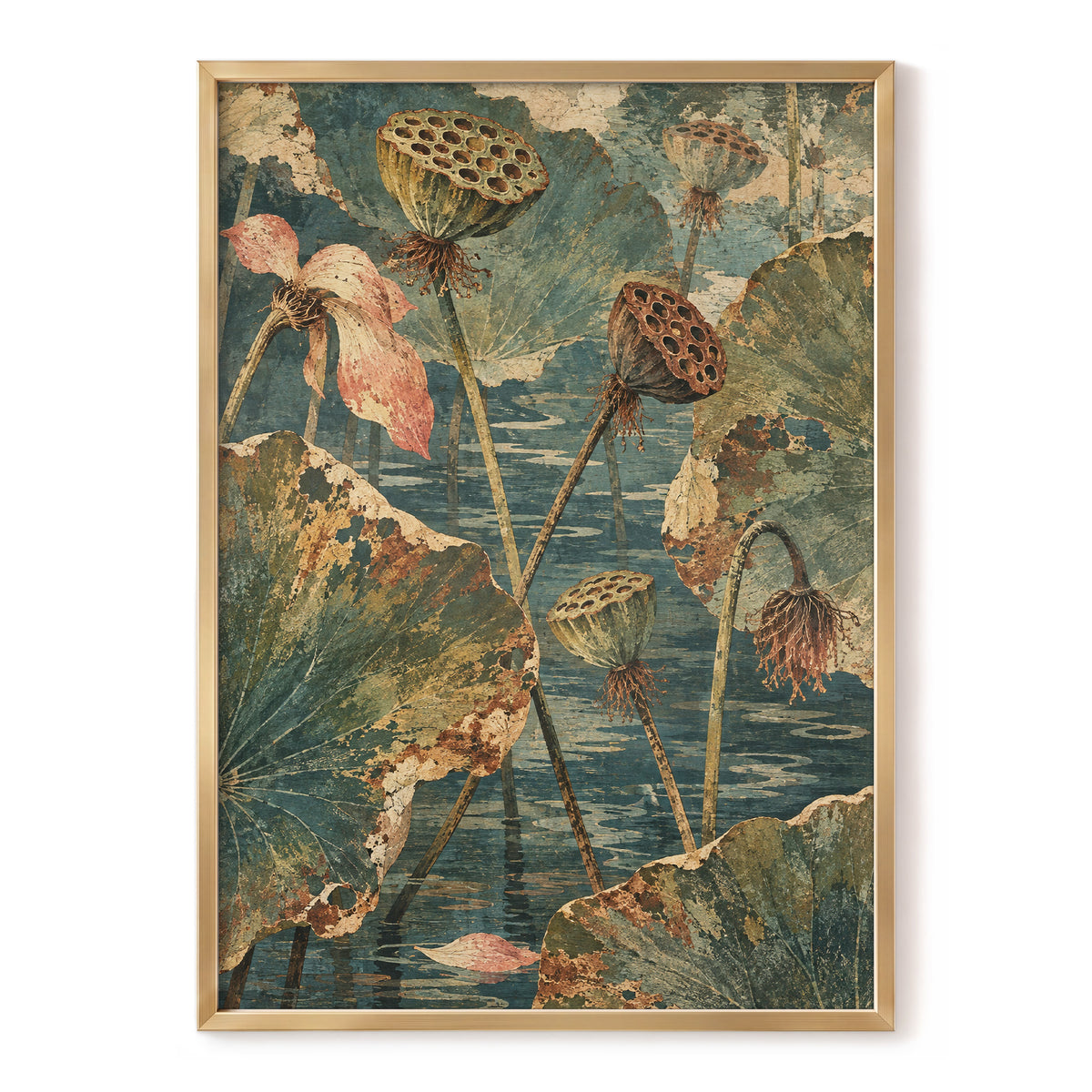 Lotus Pond Patina, green, blue, beige nature wall art, front artwork view