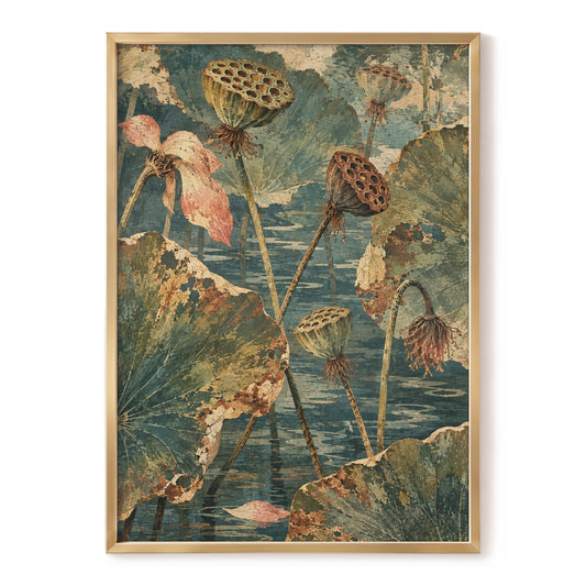 Lotus Pond Patina, green, blue, beige nature wall art, front artwork view