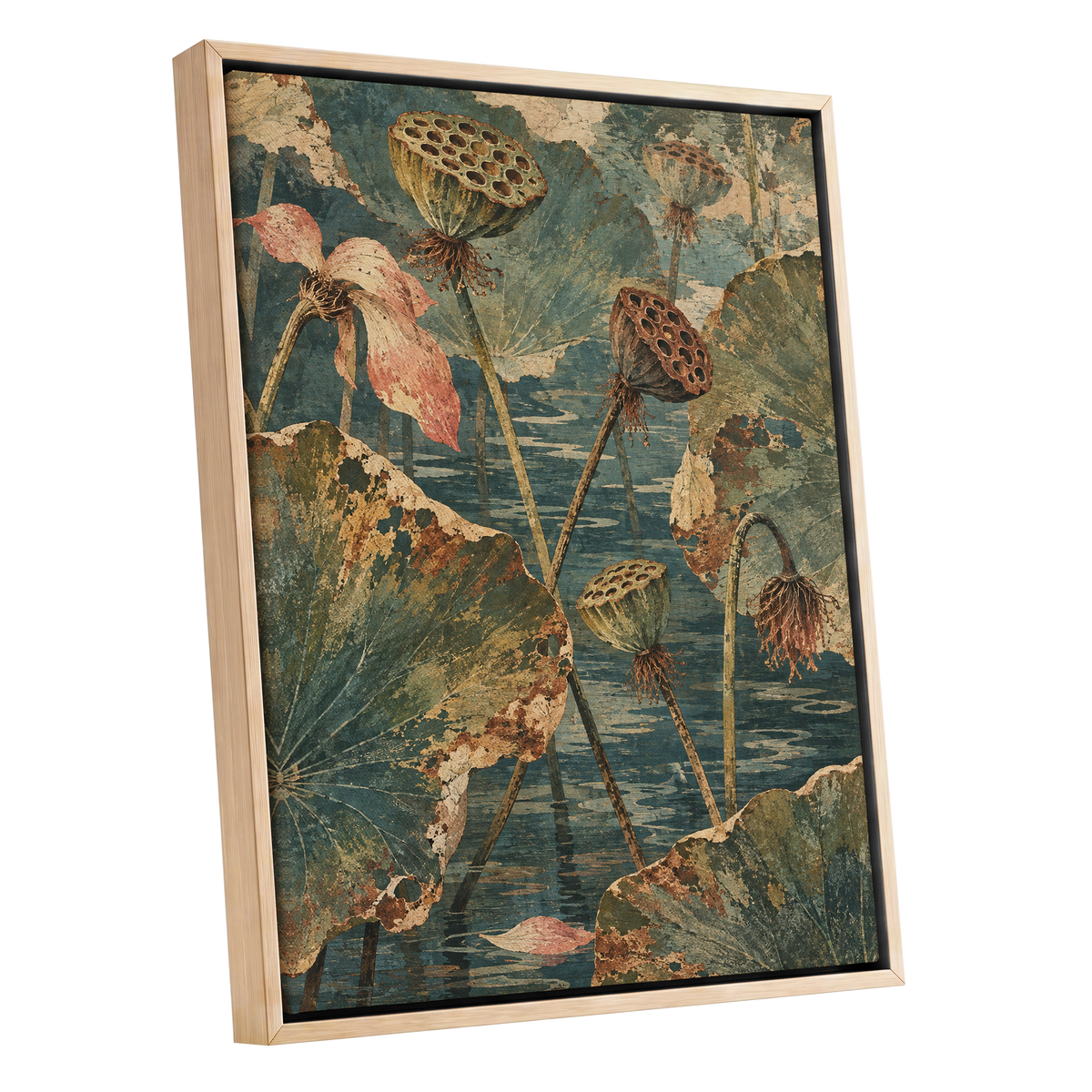 Lotus Pond Patina, green, blue, beige nature wall art shown as a oak framed canvas wall art