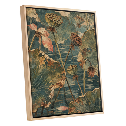 Lotus Pond Patina, green, blue, beige nature wall art shown as a oak framed canvas wall art