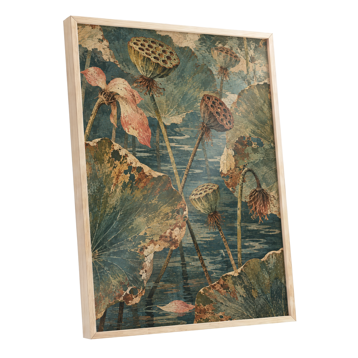 Lotus Pond Patina, green, blue, beige nature wall art shown as a oak framed poster wall art print