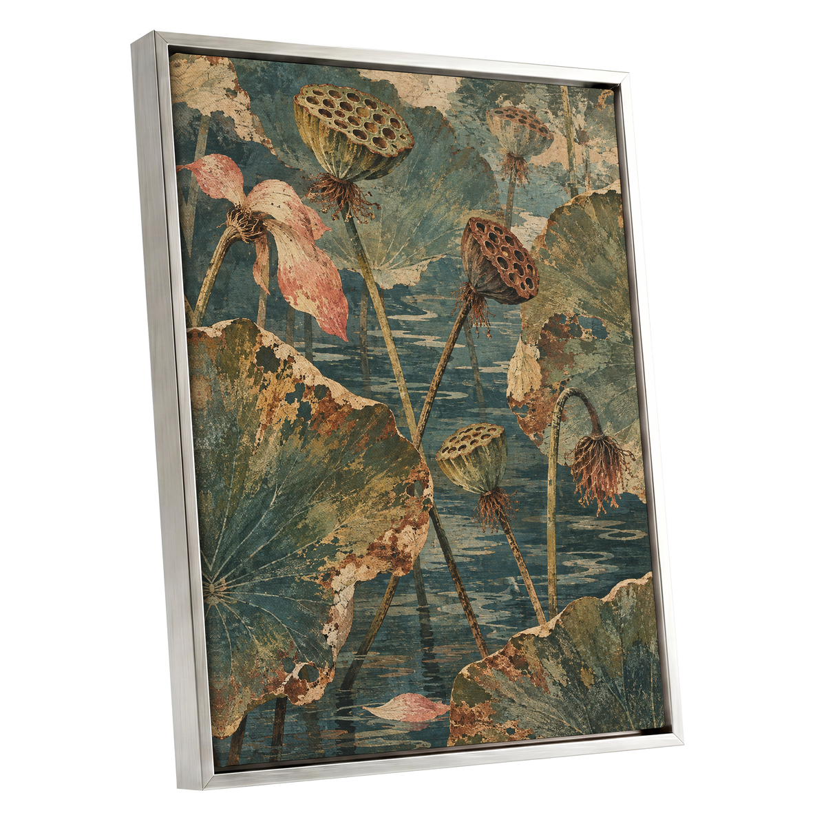 Lotus Pond Patina, green, blue, beige nature wall art shown as a silver framed canvas wall art