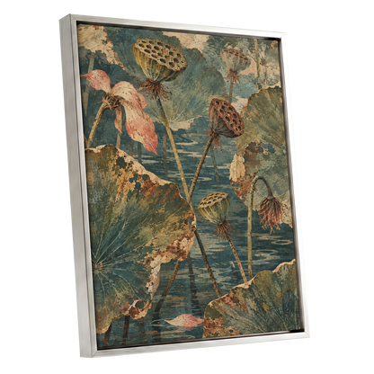 Lotus Pond Patina, green, blue, beige nature wall art shown as a silver framed canvas wall art
