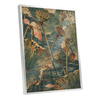 Lotus Pond Patina, green, blue, beige nature wall art shown as a silver framed poster wall art print