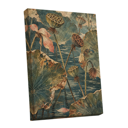 Lotus Pond Patina, green, blue, beige nature wall art shown as a stretched canvas wall art
