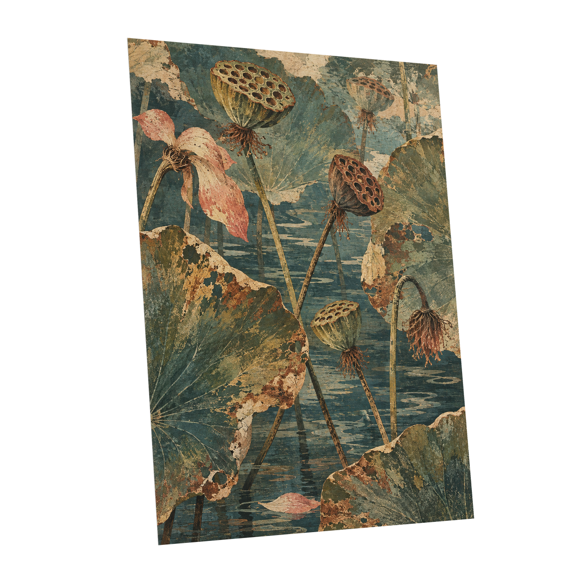 Lotus Pond Patina, green, blue, beige nature wall art shown as a unframed poster wall art print