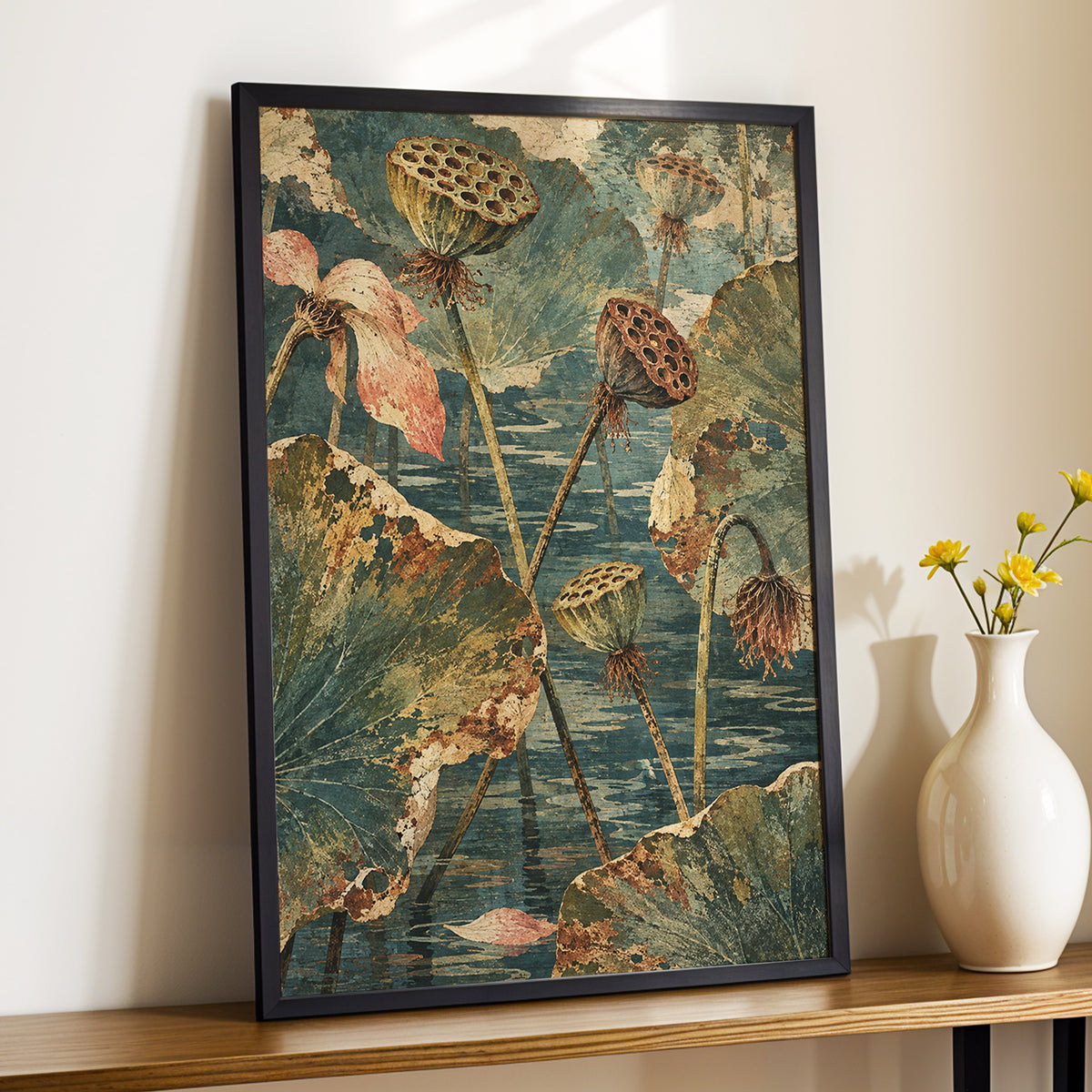 Lotus Pond Patina, green, blue, beige nature wall art displayed in a styled interior, gallery view 2