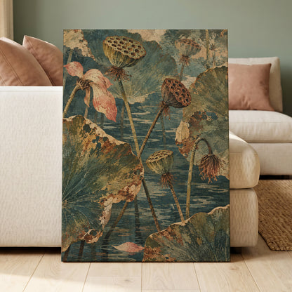 Lotus Pond Patina, green, blue, beige nature wall art displayed in a styled interior, gallery view 3