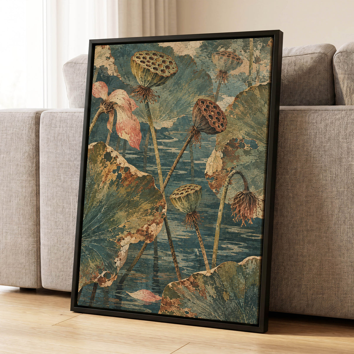 Lotus Pond Patina, green, blue, beige nature wall art displayed in a styled interior, gallery view 4