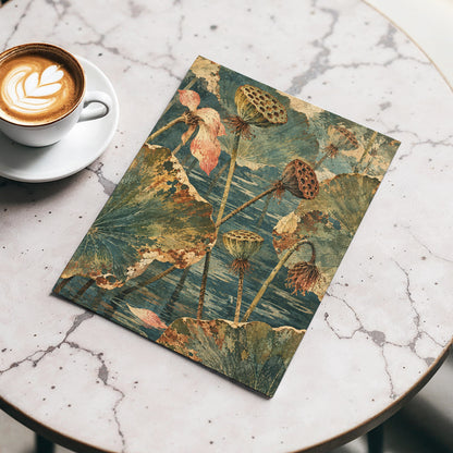 Lotus Pond Patina, green, blue, beige nature wall art displayed in a styled interior, gallery view 5