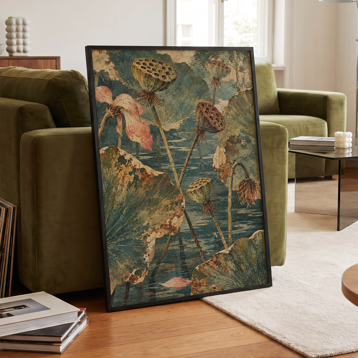Lotus Pond Patina, green, blue, beige nature wall art displayed in a styled interior, gallery view 6