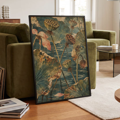 Lotus Pond Patina, green, blue, beige nature wall art displayed in a styled interior, gallery view 6