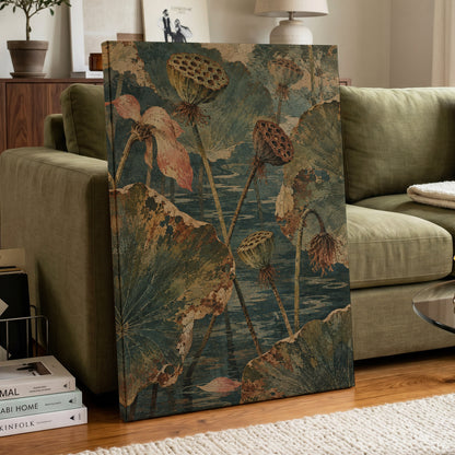 Lotus Pond Patina, green, blue, beige nature wall art displayed in a styled interior, gallery view 7