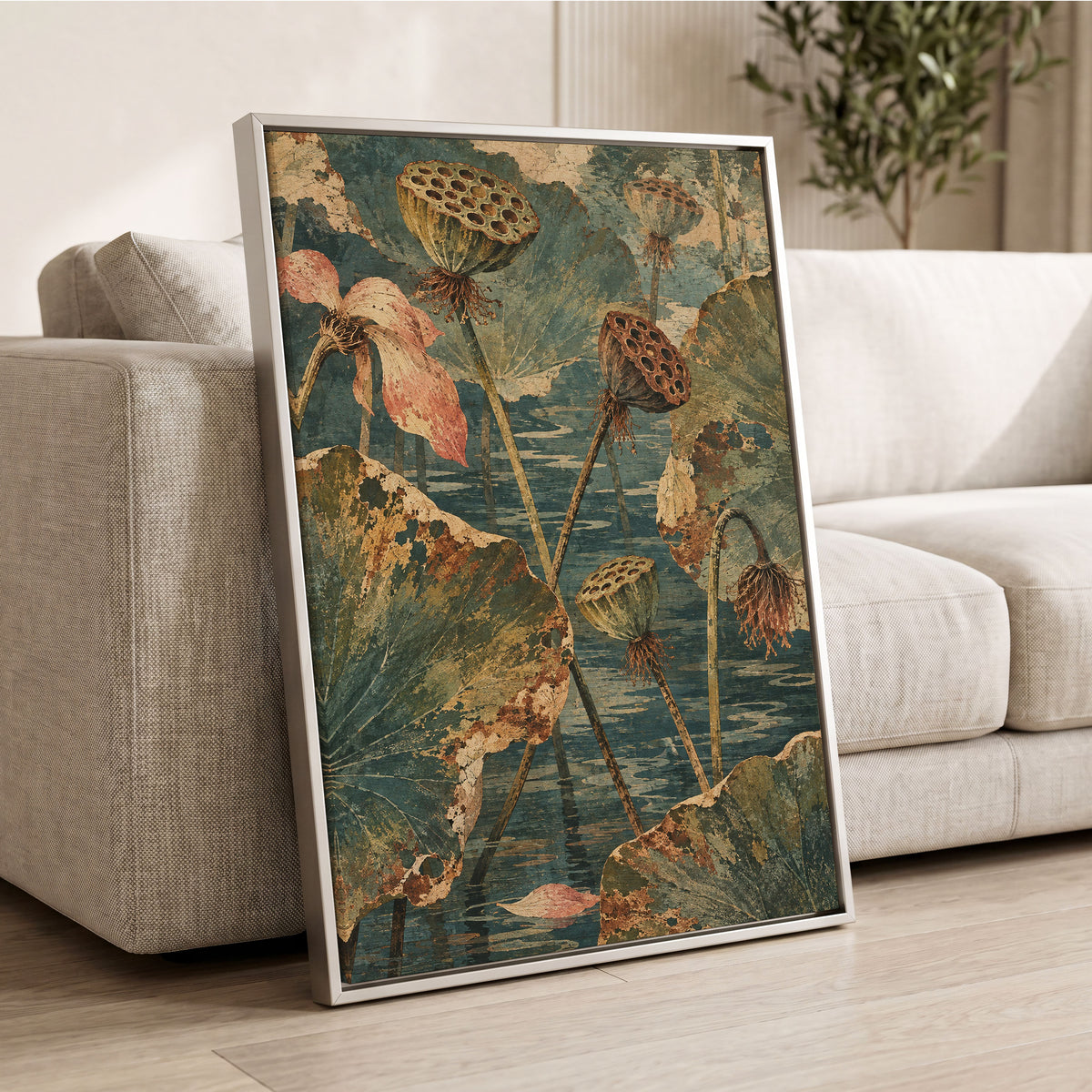 Lotus Pond Patina, green, blue, beige nature wall art displayed in a styled interior, gallery view 8