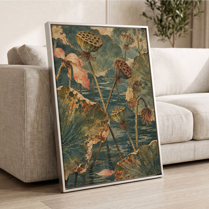 Lotus Pond Patina, green, blue, beige nature wall art displayed in a styled interior, gallery view 8