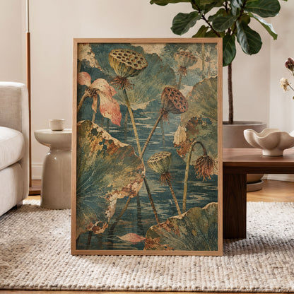 Lotus Pond Patina, green, blue, beige nature wall art displayed in a styled interior, gallery view 9