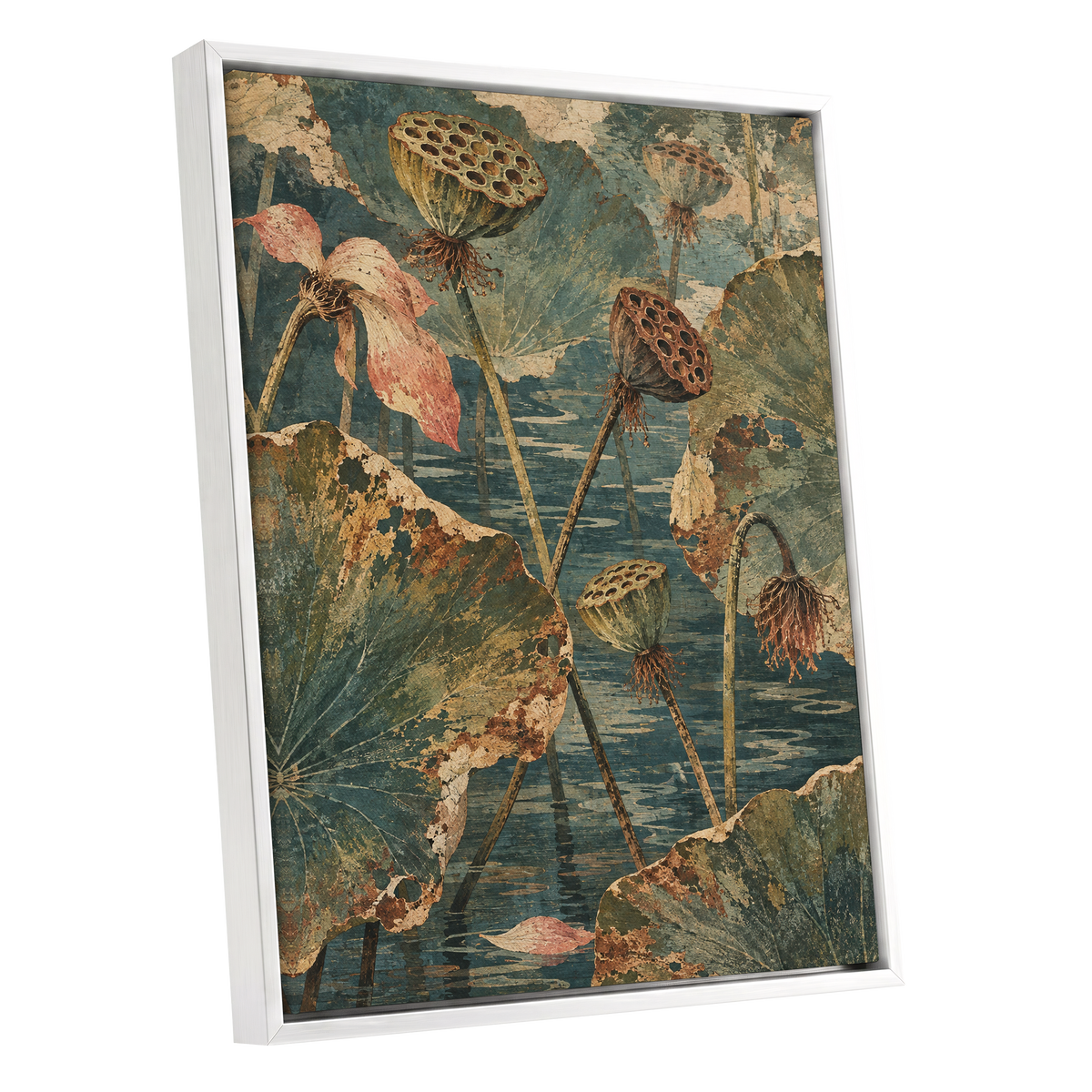 Lotus Pond Patina, green, blue, beige nature wall art shown as a white framed canvas wall art