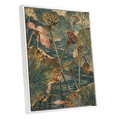 Lotus Pond Patina, green, blue, beige nature wall art shown as a white framed canvas wall art