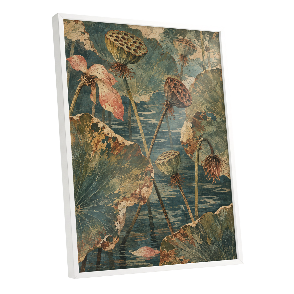 Lotus Pond Patina, green, blue, beige nature wall art shown as a white framed poster wall art print