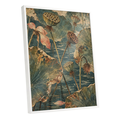 Lotus Pond Patina, green, blue, beige nature wall art shown as a white framed poster wall art print