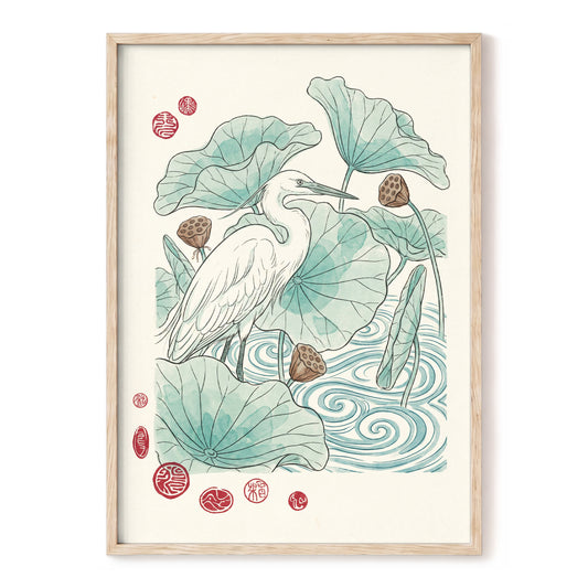 Lotus Water Sentinel, green, beige, white nature wall art, front artwork view
