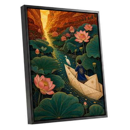 Lotuslight Passage, green, gold, pink floral wall art shown as a black framed canvas wall art