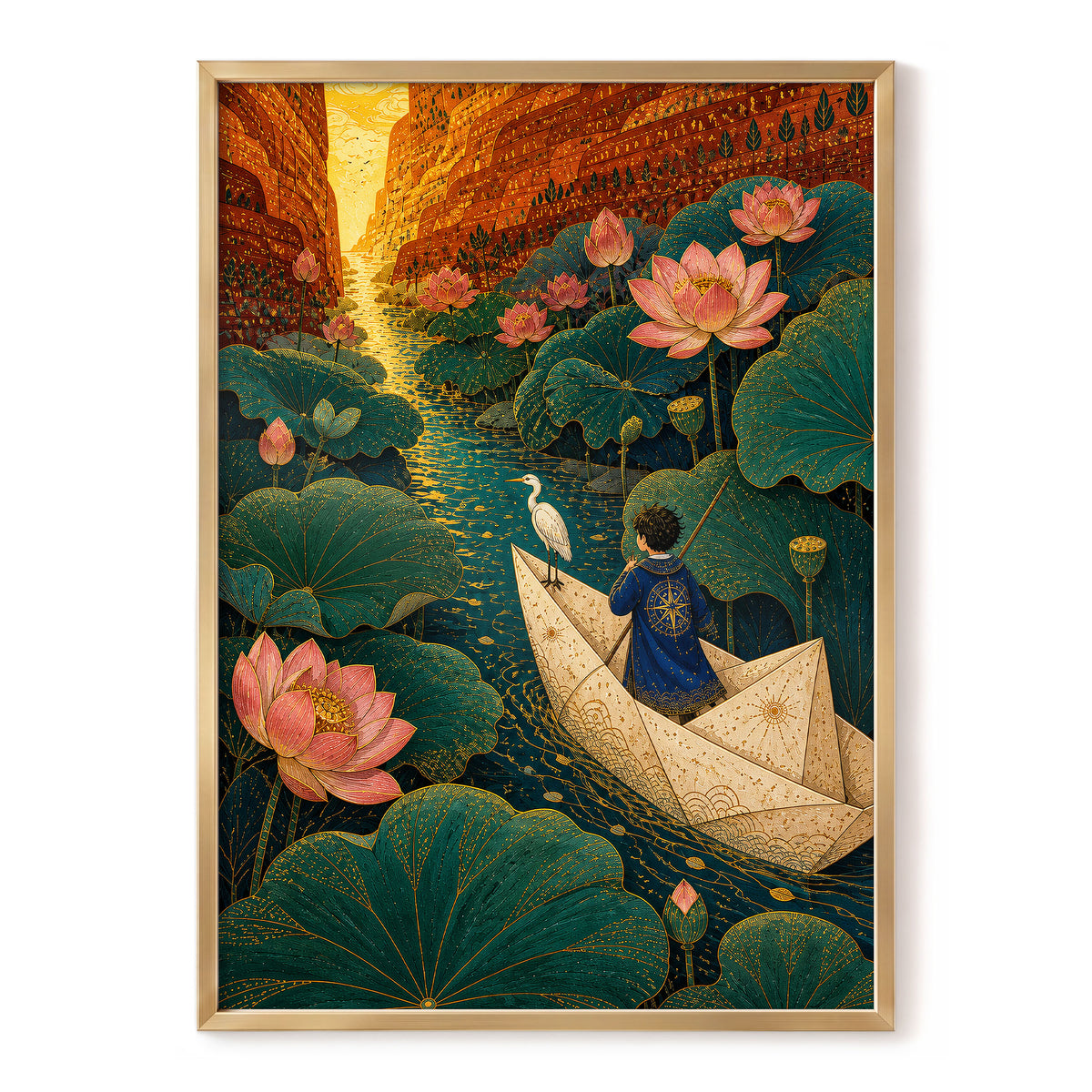 Lotuslight Passage, green, gold, pink floral wall art, front artwork view