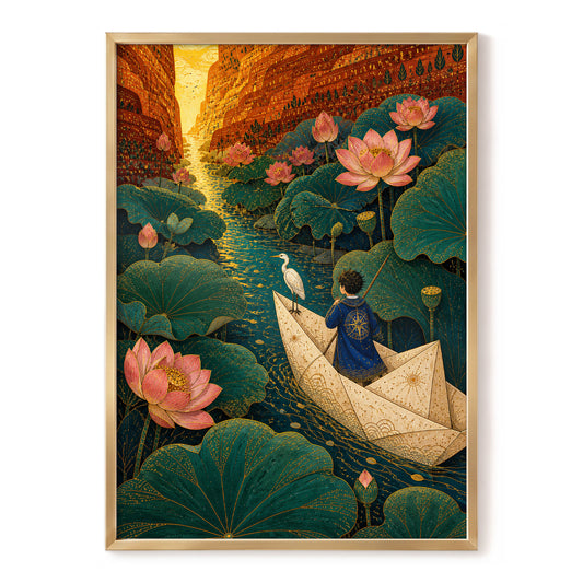 Lotuslight Passage, green, gold, pink floral wall art, front artwork view