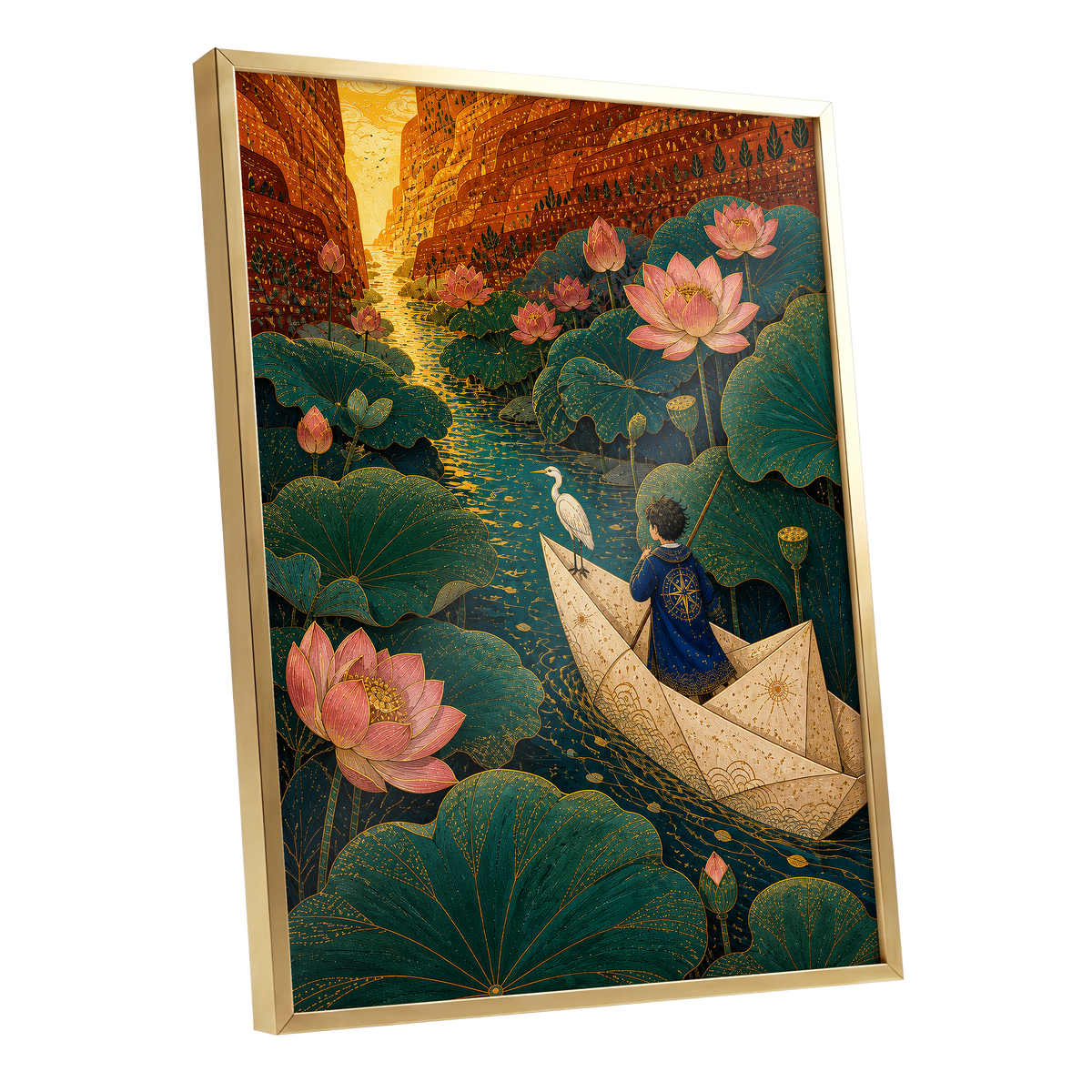 Lotuslight Passage, green, gold, pink floral wall art shown as a gold framed poster wall art print