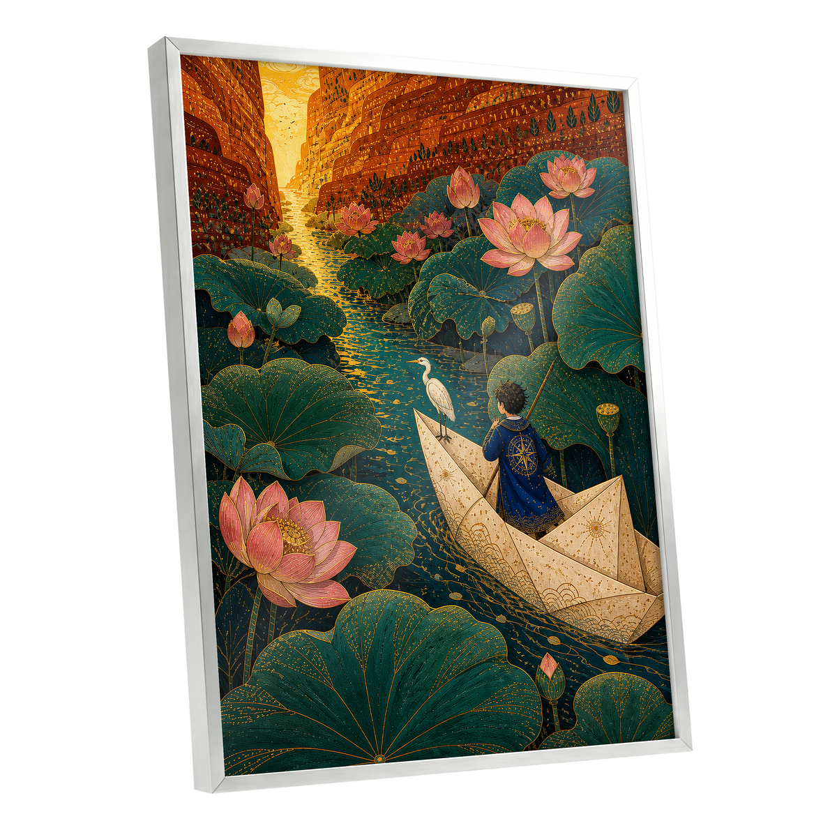 Lotuslight Passage, green, gold, pink floral wall art shown as a silver framed poster wall art print