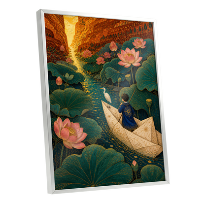 Lotuslight Passage, green, gold, pink floral wall art shown as a silver framed poster wall art print