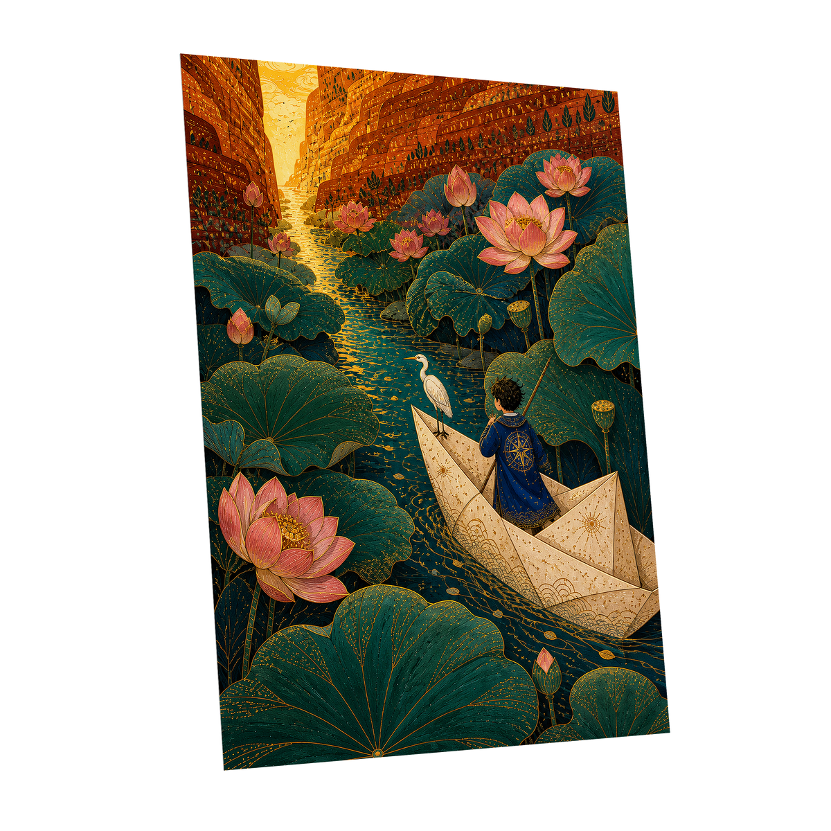 Lotuslight Passage, green, gold, pink floral wall art shown as a unframed poster wall art print