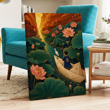 Lotuslight Passage, green, gold, pink floral wall art displayed in a styled interior, gallery view 3