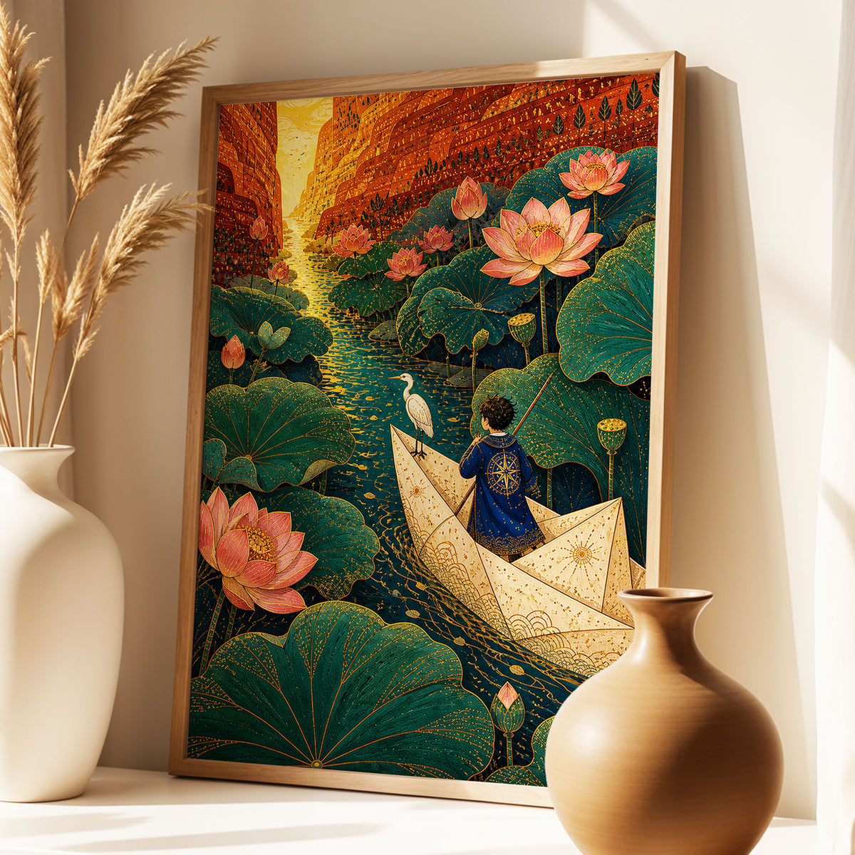 Lotuslight Passage, green, gold, pink floral wall art displayed in a styled interior, gallery view 9