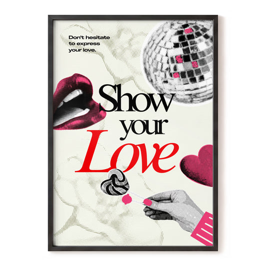 Love in Halftone, beige, black, pink abstract wall art, front artwork view