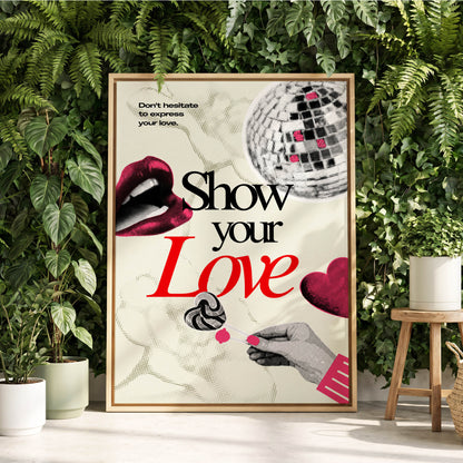 Love in Halftone, beige, black, pink abstract wall art displayed in a styled interior, gallery view 2