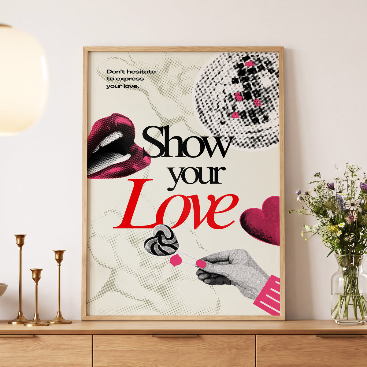 Love in Halftone, beige, black, pink abstract wall art displayed in a styled interior, gallery view 4