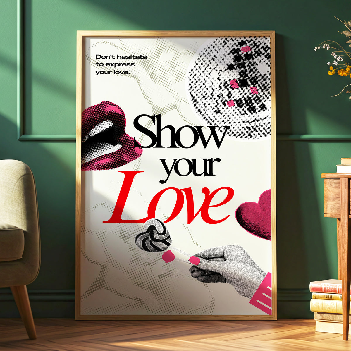Love in Halftone, beige, black, pink abstract wall art displayed in a styled interior, gallery view 6