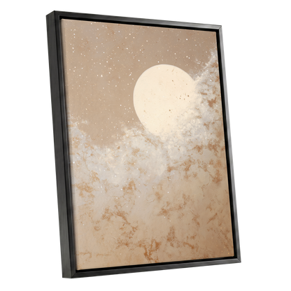 Lunar Drift, beige, white, gold nature wall art shown as a black framed canvas wall art