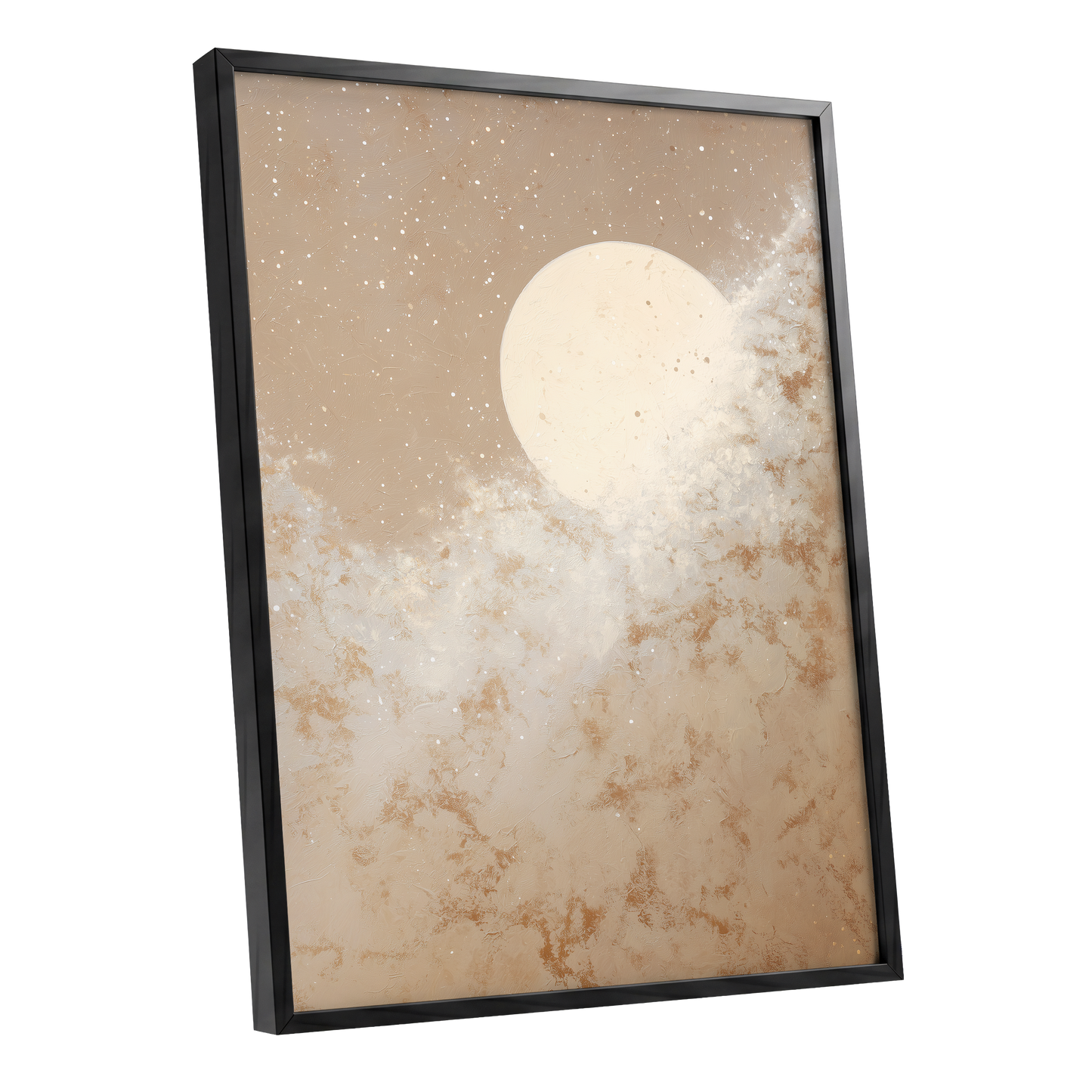 Lunar Drift, beige, white, gold nature wall art shown as a black framed poster wall art print