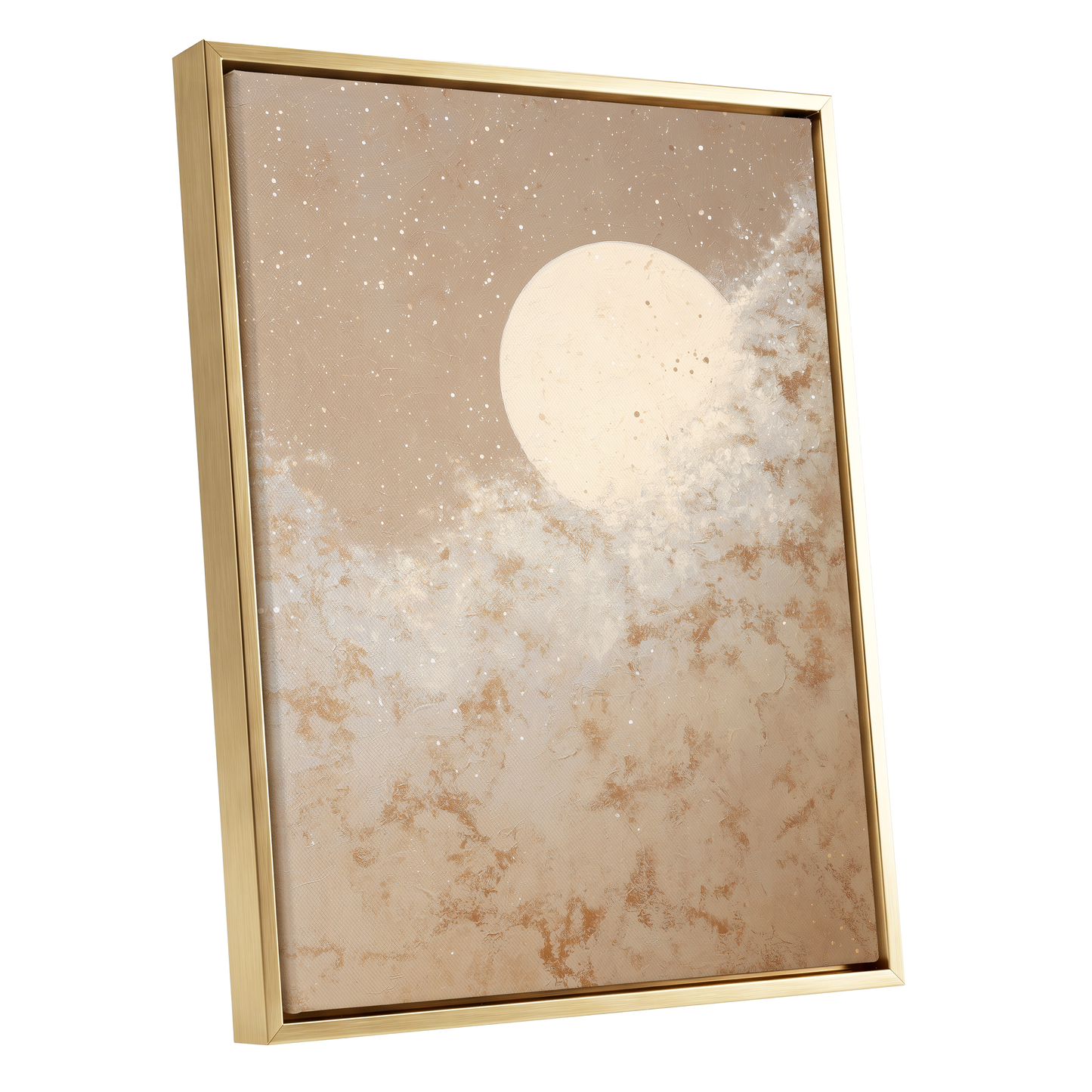 Lunar Drift, beige, white, gold nature wall art shown as a gold framed canvas wall art