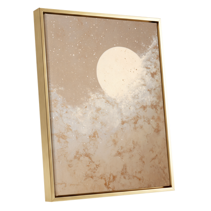Lunar Drift, beige, white, gold nature wall art shown as a gold framed canvas wall art