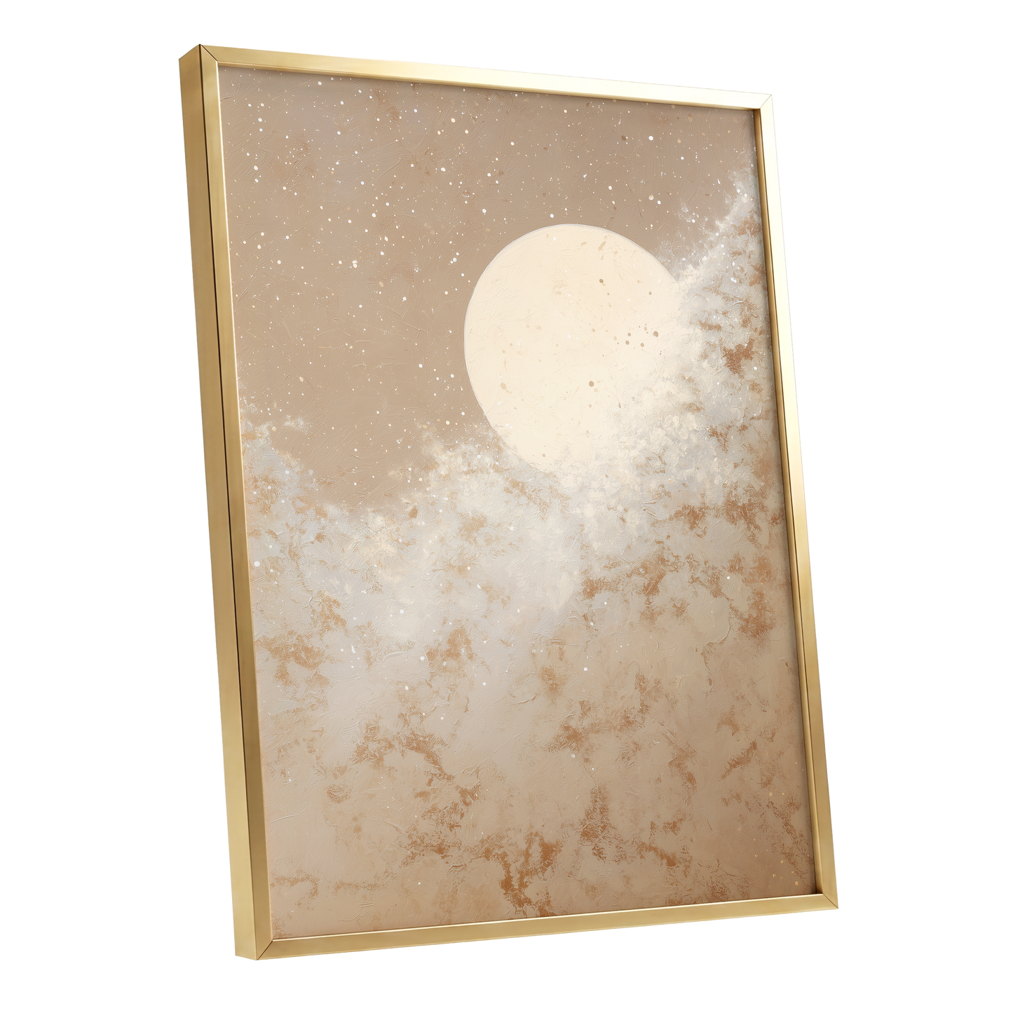 Lunar Drift, beige, white, gold nature wall art shown as a gold framed poster wall art print