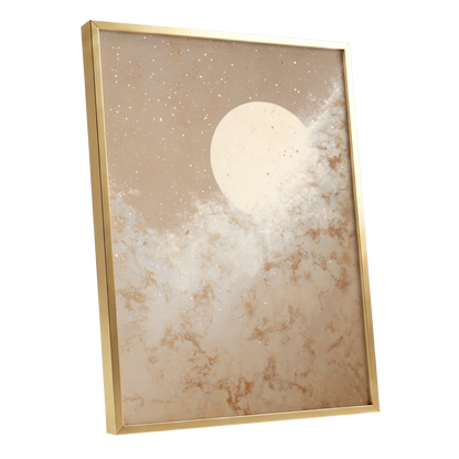 Lunar Drift, beige, white, gold nature wall art shown as a gold framed poster wall art print